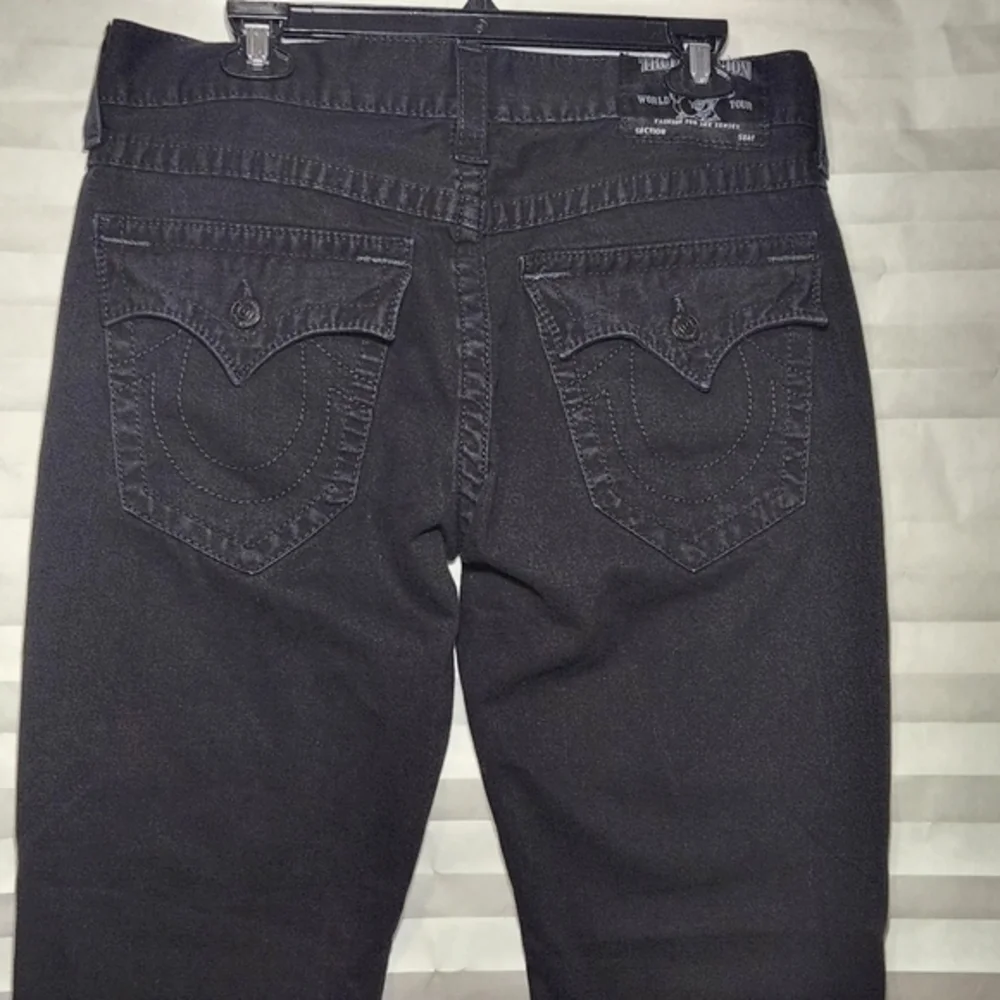 True Religion Ricky‎ Straight Denim Jeans Jet Black w/Flaps 32x35 Super T Stitch